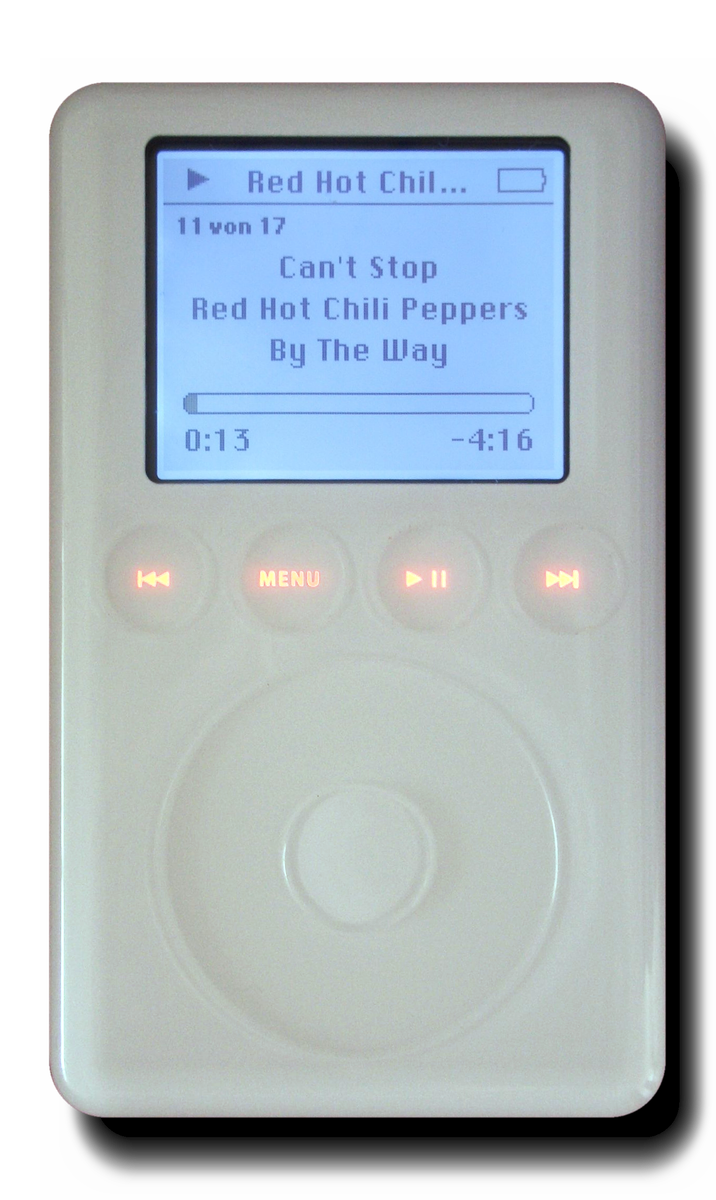 Front view of a third-generation iPod; four touch controls sit in a row above the scroll wheel.