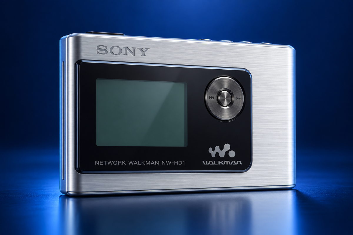 AI-generated reconstruction of a silver Sony NW-HD1 Network Walkman, showing its screen on the left, circular control on the right, and slim body edge.